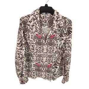 Foxcroft Wrinkle Free Fitted Shirt Sz 14 Zip Up Cream W Floral Brown Pink Print